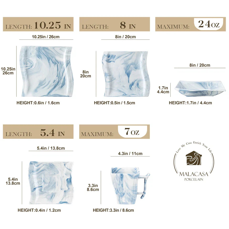 MALACASA Series Flora Dinnerware Set Porcelain Tableware Wave Shape Dishware Set