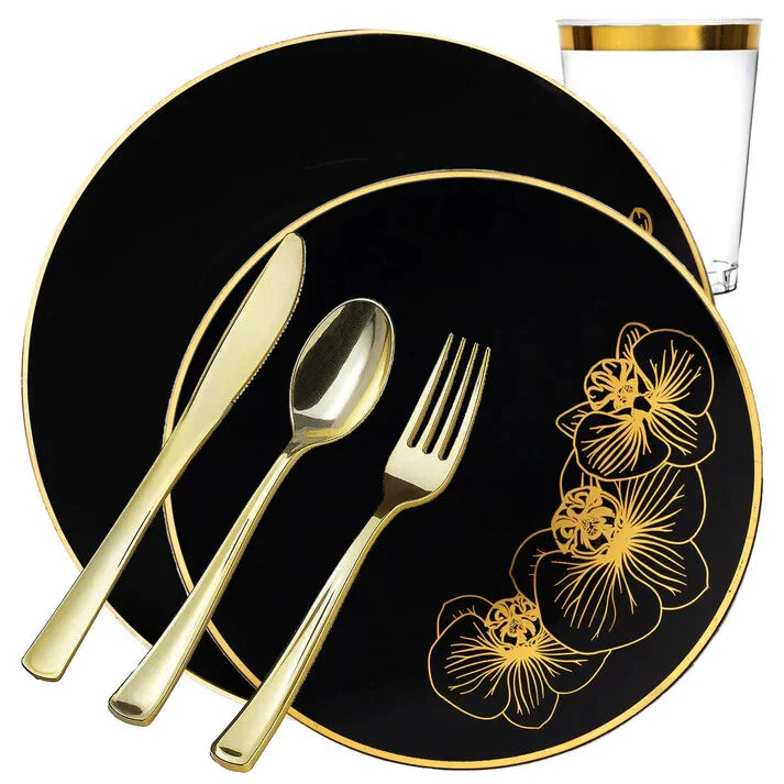 Orchid COLLECTION Black &Gold Plastic Tableware Set Wedding Party Dinner Plates