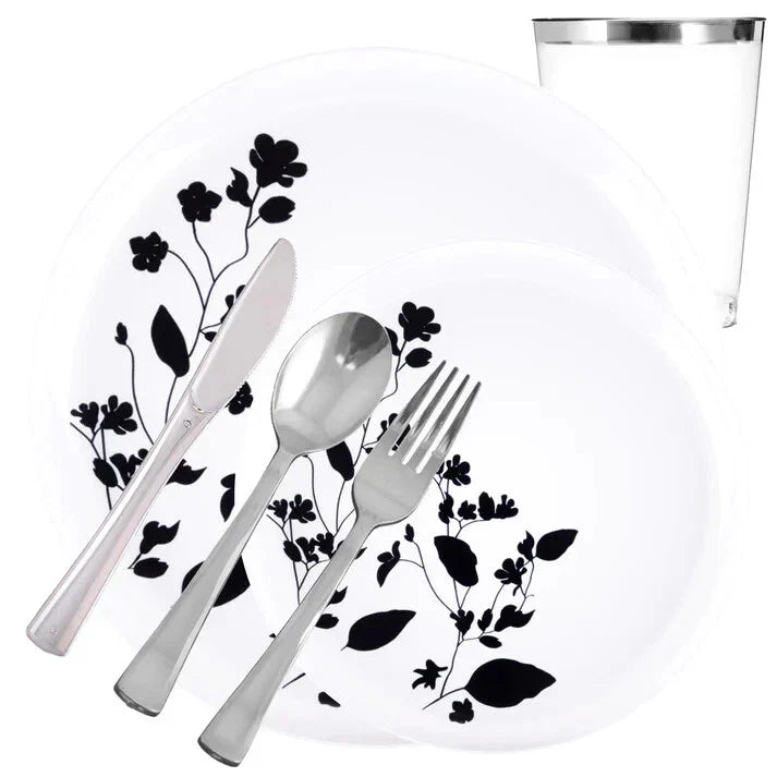 Garden COLLECTION White and Black Plastic Tableware Set Wedding Party Package